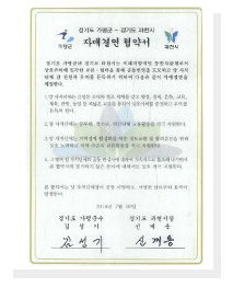 경기도 가평군 경기도 과천시 자매결연 협약서 경기도 가평군과 경기도 과천시는 미래지향적인 동반자관계로서 상호주의에 입각한 교류 협력을 통해 공동번영을 도모하고 양 자치단체 간 친선과 우의를 돈독하기 위하여 다음과 같이 자매결연을 체결한다. 1. 양 자치단체는 긴밀한 유대와 협조 체제를 갖고 행정, 경제, 문화, 교육, 체육, 관광, 농업 등 폭넓은 교류를 통하여 상호이해를 증진하고 우의를 돈독히 한다. 2. 양 자치단체는 공무원, 청소년, 민간단체 교류활동을 적극 지원한다. 3. 양 자치단체는 지역경제 활성화를 위한 정보교환 및 협력증진을 위해 상호 노력하고 지역 주민의 교류활동을 적극 지원한다. 4. 그밖의 양 자치단체의 공동 관심사에 대하여 지속적으로 협조해 나가면서 본 협약서에 열거하지 않은 분야에 대해서도 상호 적극 지원한다. 본 협략서는 양 자치단체장이 공동 서명하고 서명한 날로부터 효력이 발생한다. 2016년 7월 29일 경기도 가평군수 김성기 경기도 과천시장 신계용